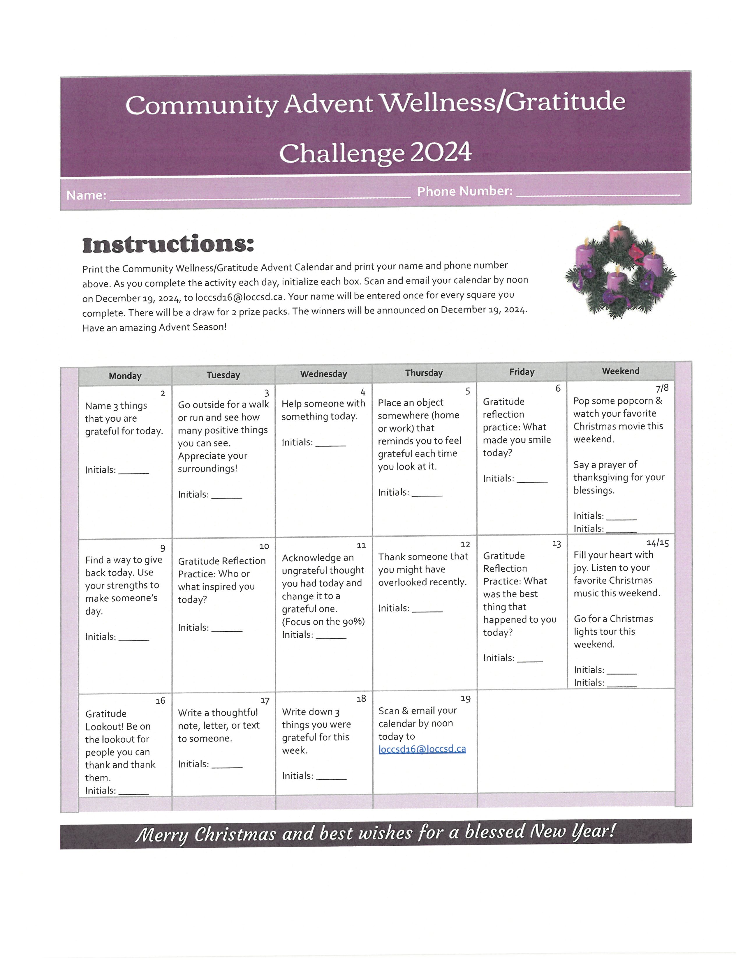 Community Advent Wellness/Gratitude Challenge 2024