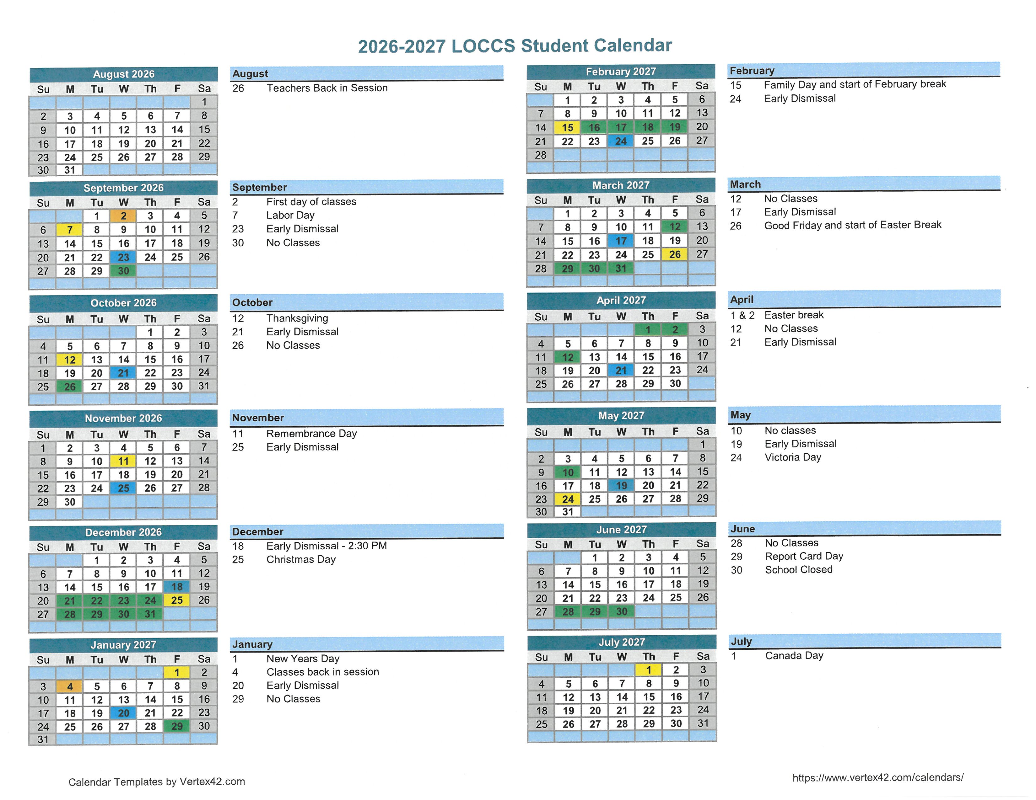 2026-2027 School Calendar