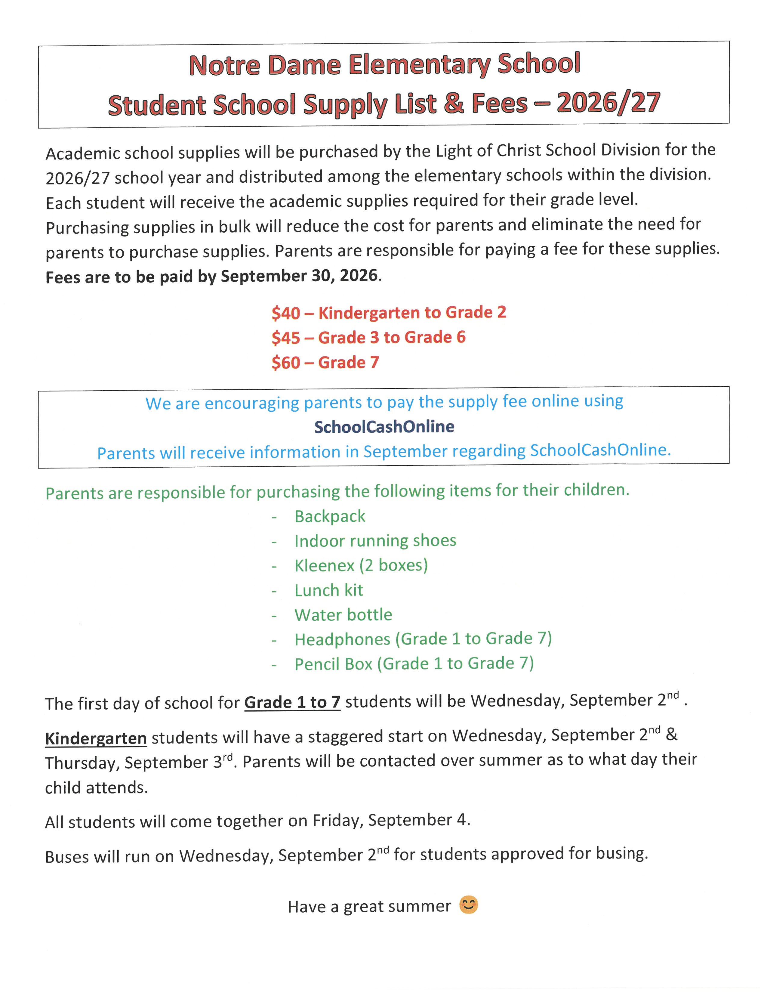 2026-2027 Supply List & Fee